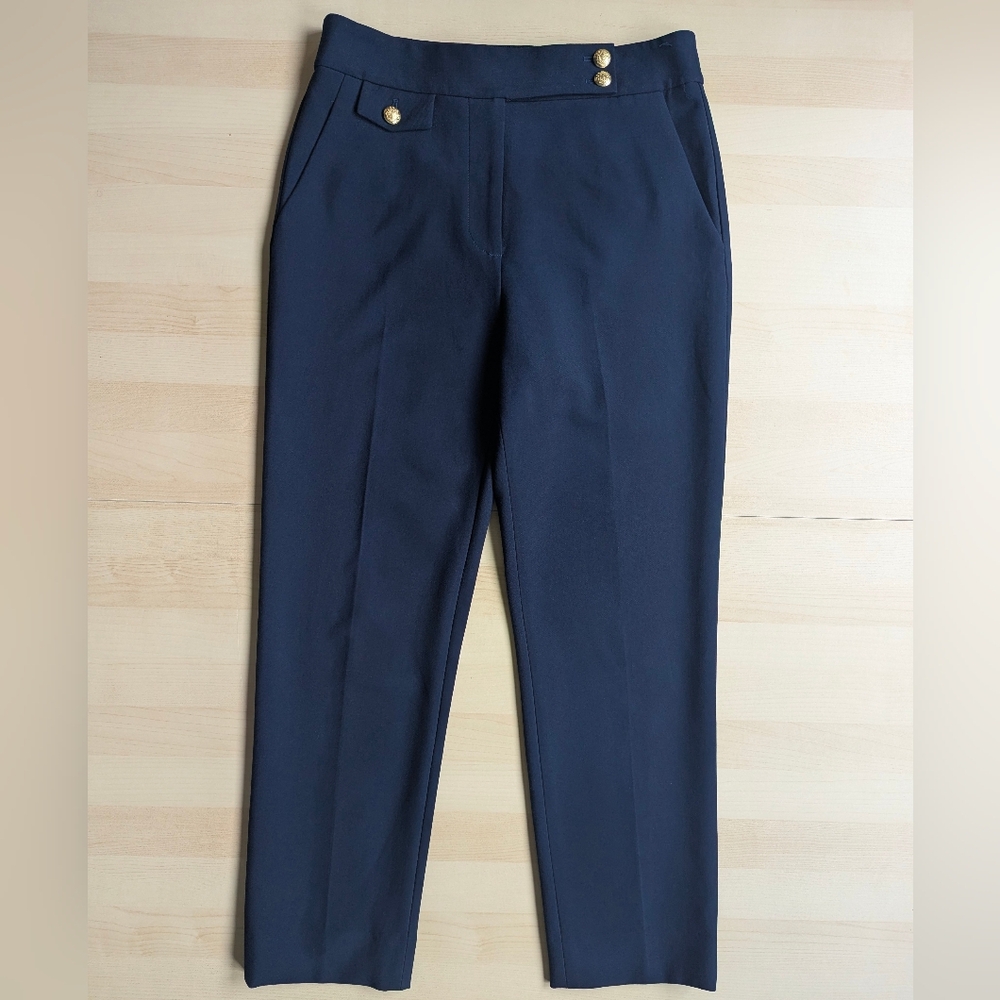 Veronica Beard Sz 8 Navy Blue Gold Buttons Office Pant Classic Prep Nautical